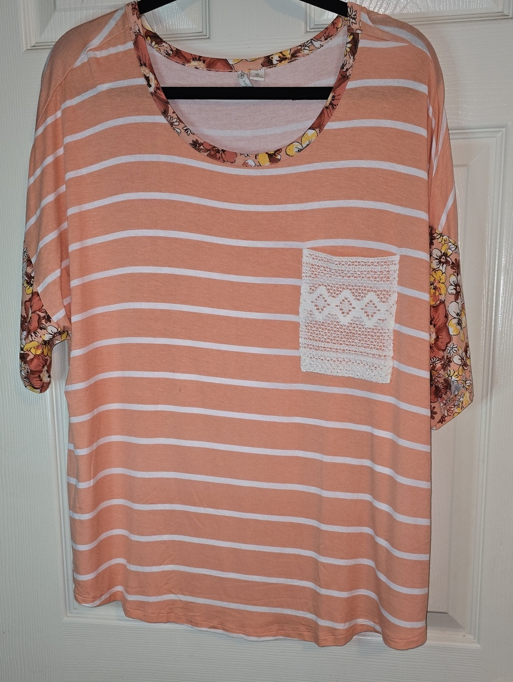 Cato Peach and White Striped Short-Sleeve Top with Floral Trim